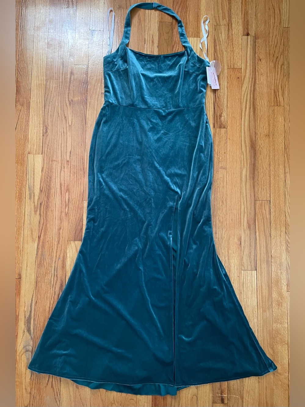 NWT DB Studio Gem Green Velvet Halter Square Neck Lined Front Slit Dress Sz 14